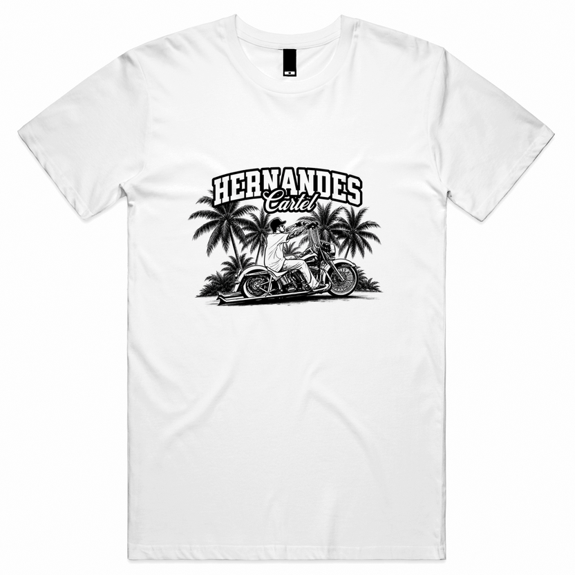 Vicla Tee, white unisex tee with a rider on a Harley through the palms and Hernandes Cartel printed in black on the front. Hernandes Cartel.
