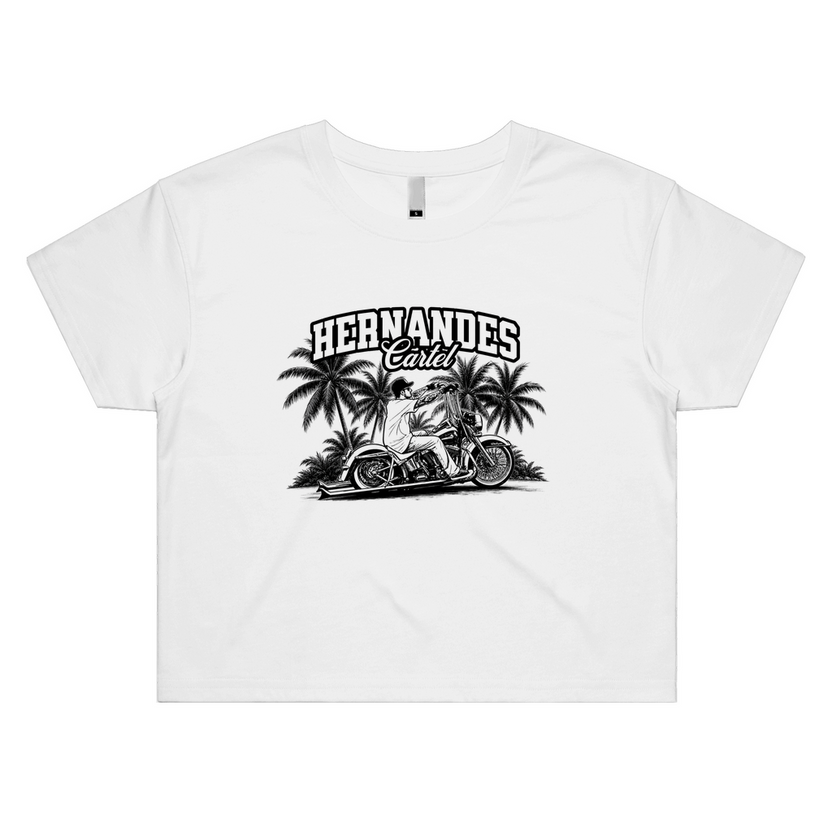 Vicla Womens Crop, white womens crop tee with a rider on a Harley through the palms and Hernandes Cartel printed in black on the front. Hernandes Cartel.