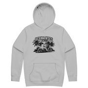 Vicla Hoodie in grey, pullover hoodie with a rider on a Harley through the palms and Hernandes Cartel printed in black on the front. Hernandes Cartel.