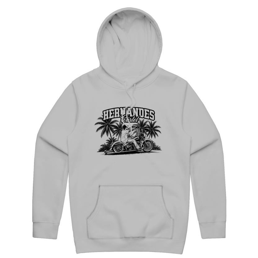 Vicla Hoodie in grey, pullover hoodie with a rider on a Harley through the palms and Hernandes Cartel printed in black on the front. Hernandes Cartel.