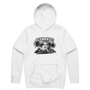 Vicla Hoodie in white, pullover hoodie with a rider on a Harley through the palms and Hernandes Cartel printed in black on the front. Hernandes Cartel.