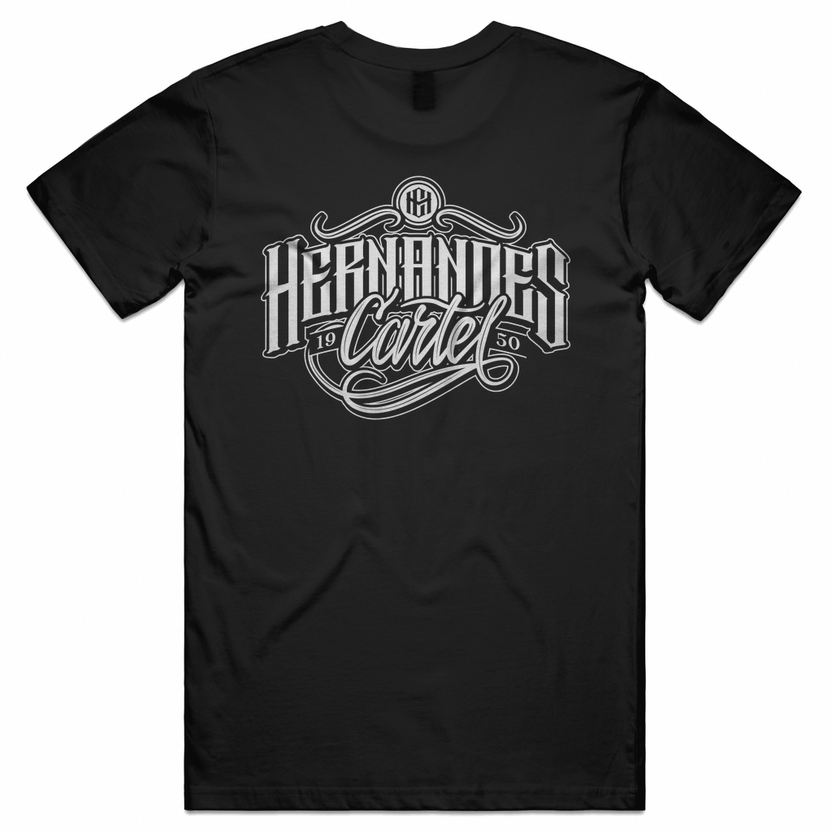 Hood Rich Tee, Hernandes Cartel script with HC monogram and 1950 printed in white across the back of a black unisex tee. Hernandes Cartel.